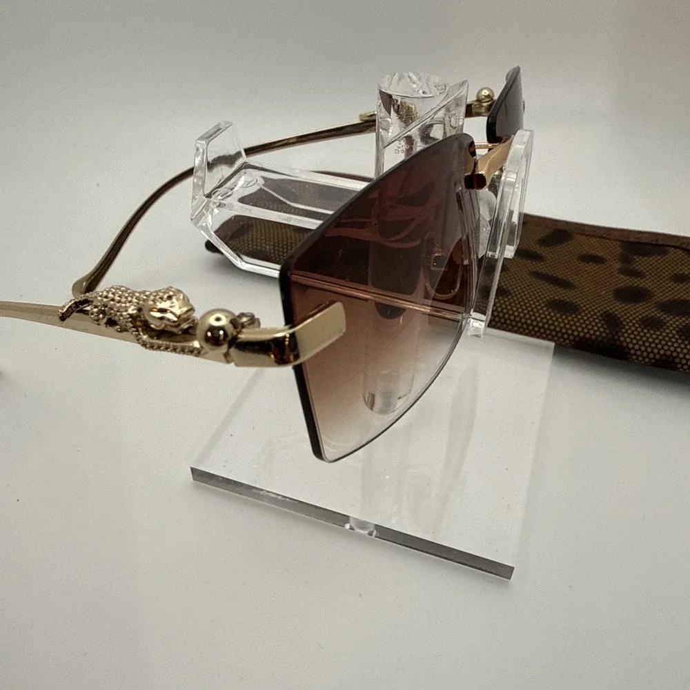 Rimless square sunglasses w/gold frame leopard/jaguar figurine & travel case HOT